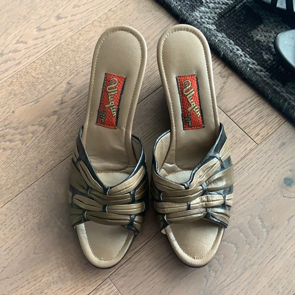 Brown and black slip on shoes